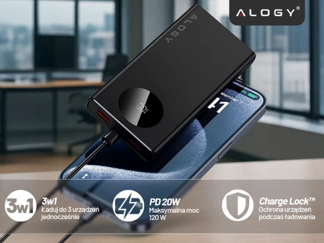PowerBank Alogy TurboCharge 120W PD PowerDelivery rychlé nabíjení 10000mAh 2x USB-A 1x USB-C Černá