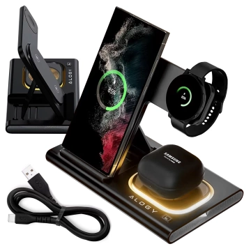 Mag Safe 3v1 Qi 18W bezdrátová indukční nabíječka pro iPhone, Apple Watch, stojánek nabíjecí stanice AirPods Alogy černá