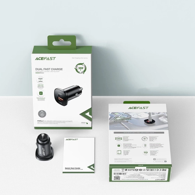 Acefast Autoladegerät 38W USB Typ C / USB, PPS, Power Delivery, Quick Charge 3.0, AFC, FCP schwarz (B1 schwarz)