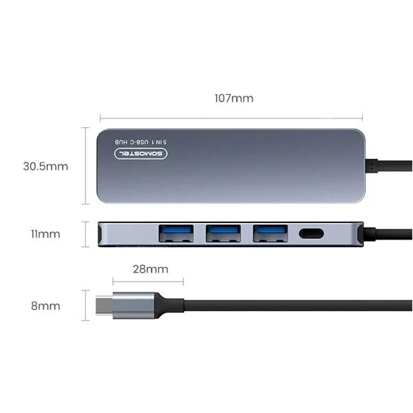 Адаптер USB Somostel SMS-BZ08 PD 60W 1XTYP-C 2XUSB 2.0 1X USB 3.0 1x HDMI 4K Szary