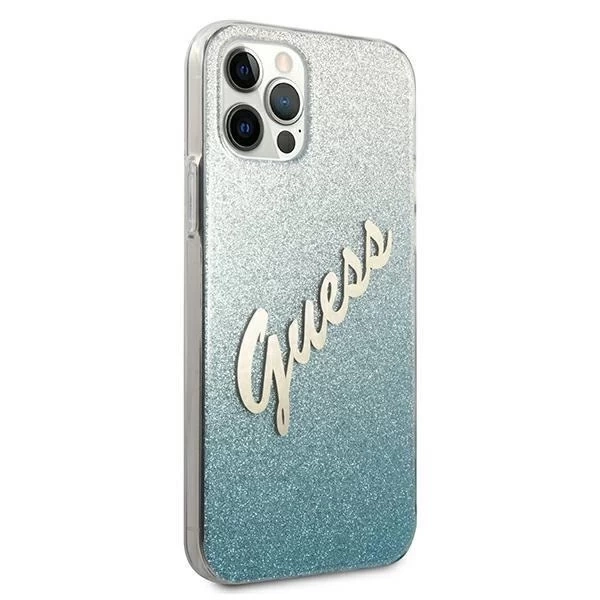 Guess GUHCP12LPCUGLSBL iPhone 12 Pro Max 6,7" černý/modrý pevný obal Glitter Gradient Script