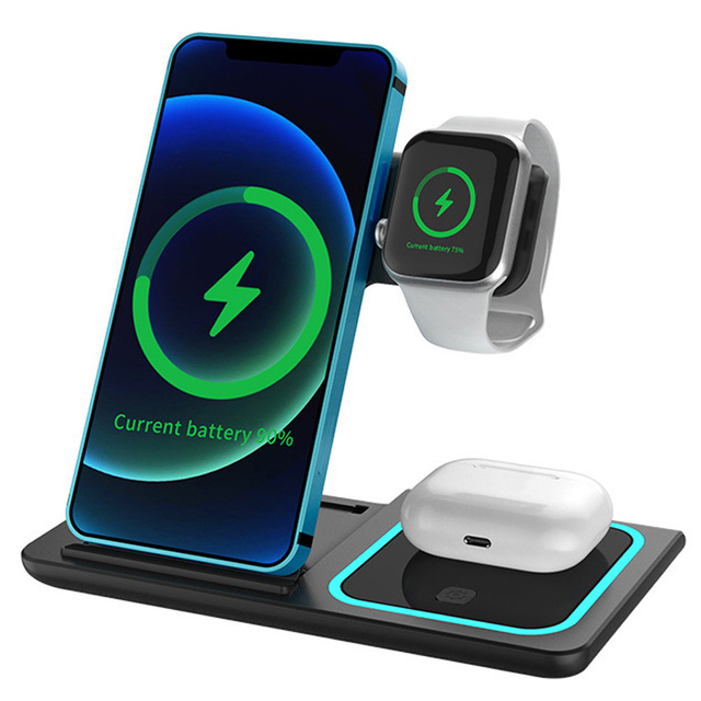QI 15W 3in1 Induction Wireless Charger Foldable Alogy Docking Station for Apple iPhone / Watch / AirPods Black