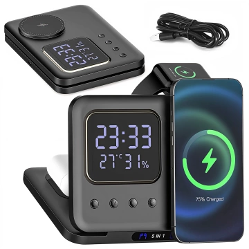WIRELESS FAST CHARGING STATION 5-in-1 LED CLOCK 15W USB-C to MagSafe for Apple iPhone Watch AirPods with clock and hygrometer Black