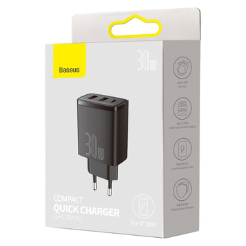 Baseus Compact Quick Charger 2xUSB USB-C PD QC 3.0 3A 30W Black wall charger