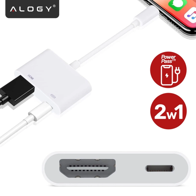 Przejściówka Lightning do HDMI i Lightning – adapter Full HD 60 Hz, łatwe podłączenie iPhone / iPad do TV lub projektora, Plug & Play – Alogy LightningHD™ Biały