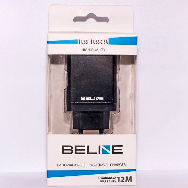 Зарядний пристрій Beline 1xUSB і 1xUSB-C 5A 18W black/black (тільки головка)
