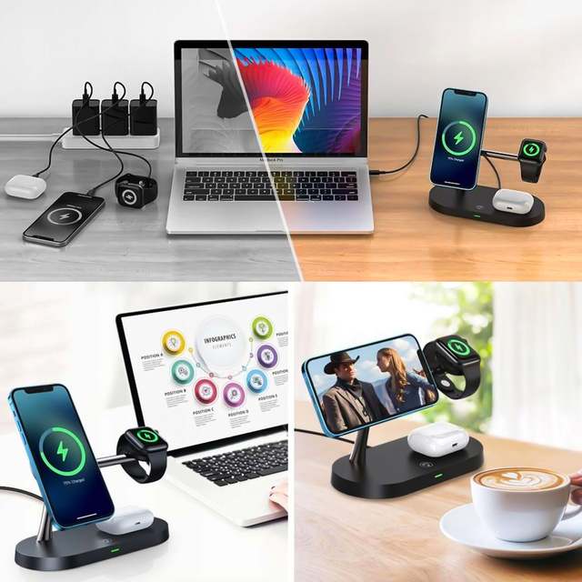 Qi Mag Safe 15W індуктивний зарядний пристрій для iPhone Apple Watch AirPods Wireless 5in1 Docking station Black