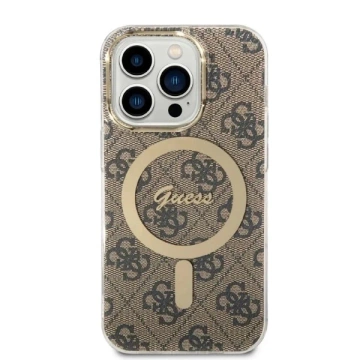 Zestaw Guess GUBPP14XH4EACSW nabíjačka puzdra iPhone 14 Pro Max 6,7" brązowy/hnedé pevné puzdro 4G Print MagSafe