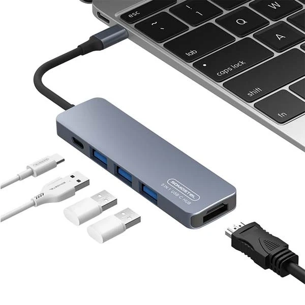 Адаптер USB Somostel SMS-BZ08 PD 60W 1XTYP-C 2XUSB 2.0 1X USB 3.0 1x HDMI 4K Szary