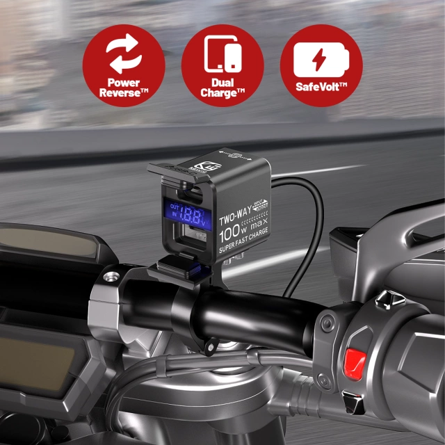 Kewig Motorradladegerät, universelles Aluminium-Ladegerät, 100 W, bidirektional mit Voltmeter, Schnellladefunktion über USB-A und USB-C, intelligent und wasserdicht – Schwarz