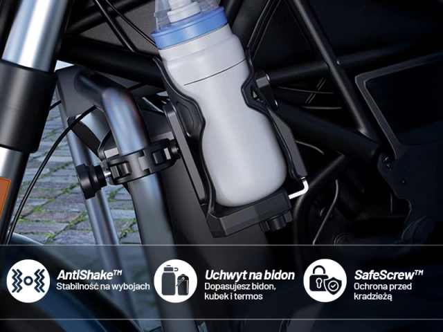 Uchwyt Motocyklowy / Rowerowy na Bidon, Butelkę lub Kubek z Blokadą Antykradzieżową, Regulowany 50–90 mm, Na Hulajnogę, Kierownicę i Ramę - Kewig