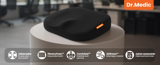 Poduszka na fotel DR.MEDIC ComfySeat™ Ergonomiczna siedzisko biurowe wsparcie kości ogonowej na krzesło do biura auta samochodu Czarna