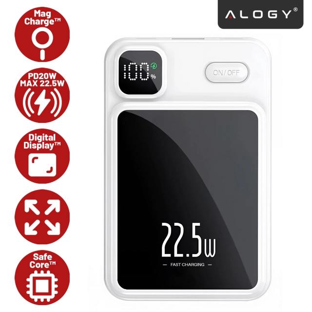 PowerBank Alogy MagCharge 22.5W PD20W PowerDelivery швидка зарядка 10000mAh бездротова для MagSafe White