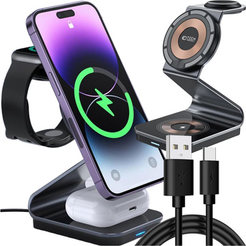 БЕЗДРОТОВИЙ ЗАРЯДНИЙ ПРИСТРІЙ TECH-PROTECT QI15W-A29 3IN1 МАГНІТНИЙ MAGSAFE ЧОРНИЙ