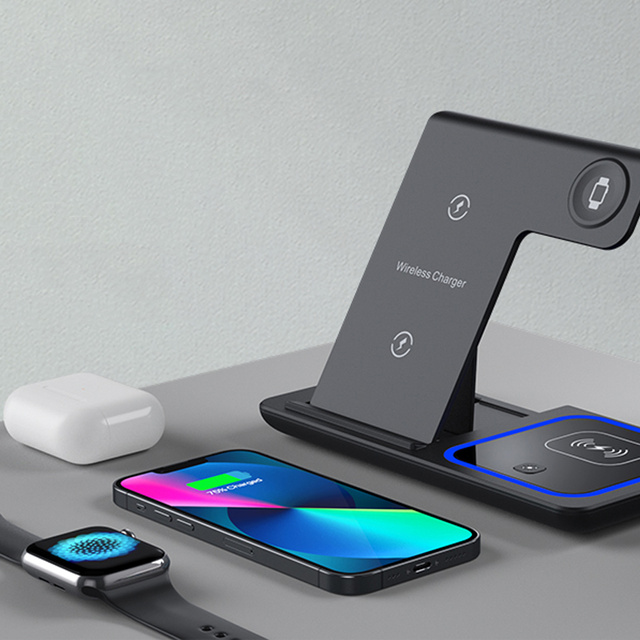 QI 15W 3in1 Induction Wireless Charger Foldable Alogy Docking Station for Apple iPhone / Watch / AirPods Black