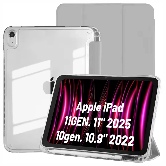 Apple iPad 11. Generation (11 Zoll, 2025) / 10. Generation (10,9 Zoll, 2022) Hybrid-Schutzhülle mit Stifthalter, faltbarer Abdeckung und Standfunktion, Alogy HybridBook™ Hülle – Grau