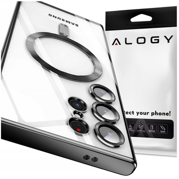Etui do Samsung Galaxy S24 Ultra Mag Safe Glamour Case Ring obudowa ochrona aparatów Alogy Czarne przezroczyste + Szkło