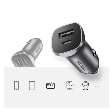 Ugreen nabíjačka do auta USB Type C / USB 24W Power Delivery Quick Charge sivá (30780)