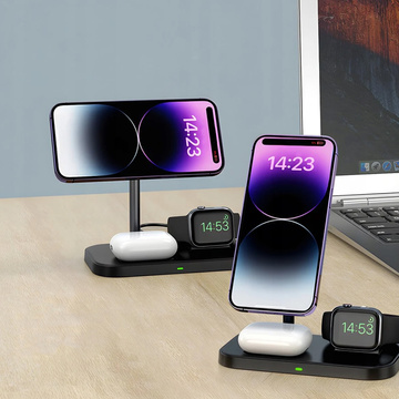 Qi Mag Safe 15W induktives Ladegerät für iPhone Apple Watch AirPods 3in1 kabellose Standstation Schwarz