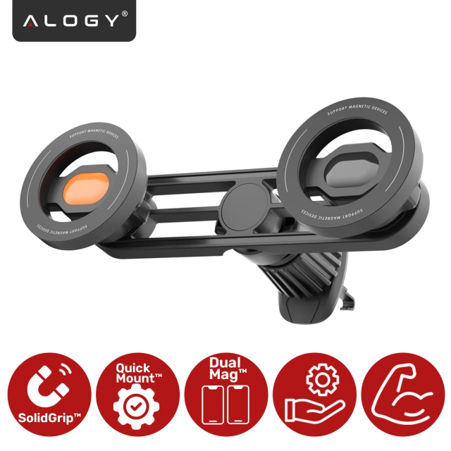 Car Air Vent Holder - MagSafe Dual Holder for 2 Phones, Strong and Stable, Magnetic Design - Alogy MagGrip™ Duo Black
