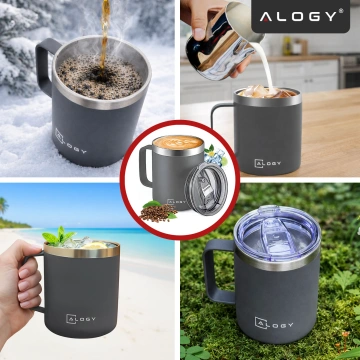 Termohrnček 420 ml s uškom a vrchnákom na kávu, čaj, oceľ, studené a teplé nápoje Alogy Grey