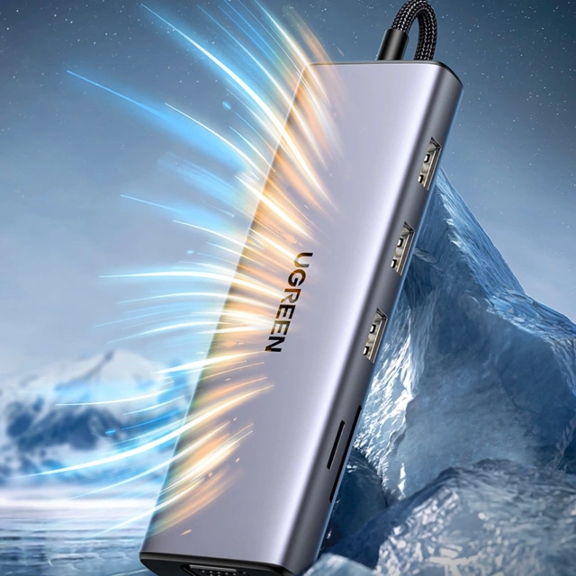Ugreen CM498 USB-C HDMI VGA RJ45 adaptér USB-A SD PD 100W Hub 9v1 šedý