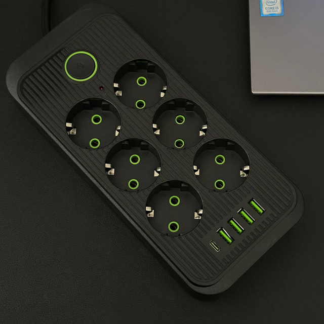 Подовжувач Подовжувач 6 розеток AC EU розетки 4x USB USB-C тип C розетки 2500 Вт чорний