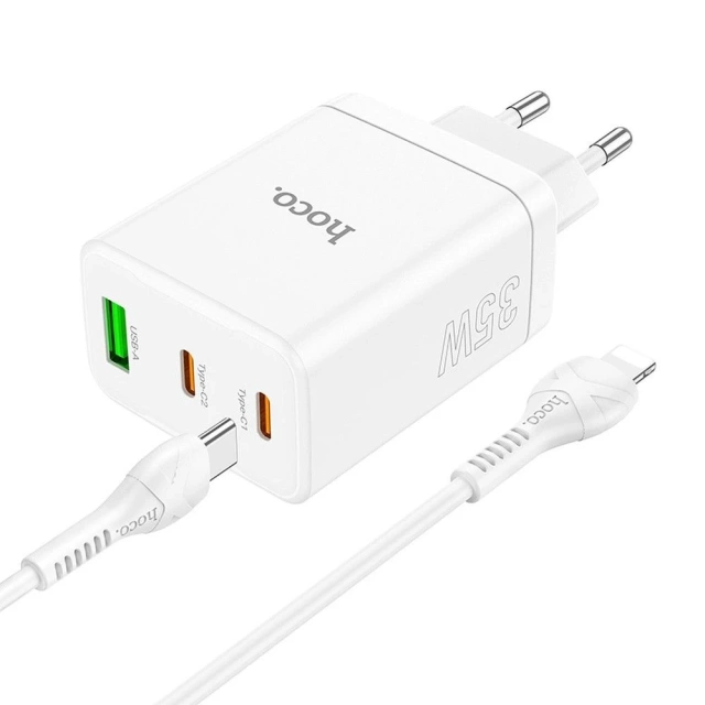 Настінний зарядний пристрій HOCO 2 x Type C USB A кабель Type C до Lightning PD QC3.0 3A 35W Білий