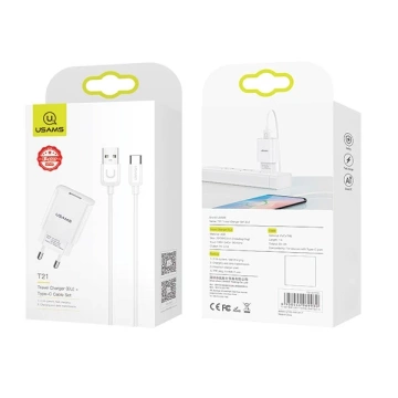 USAMS Nástěnná nabíječka 1xUSB T21 USB-C bílá/bílá 2,1A Kabel pro rychlé nabíjení T21OCTC01
