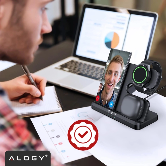 Bezdrátová indukční nabíječka 3v1 Qi 3.0 Fast pro Samsung S22 S23 S24 Galaxy Watch Buds Station černá