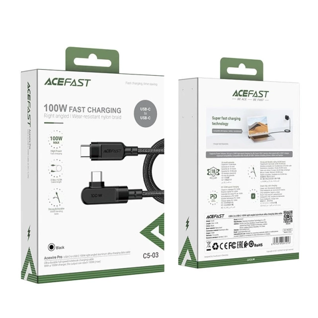 Acefast uhlový kábel USB typu C - USB typu C 2m, 100W (20V / 5A) čierny (C5-03 čierny)