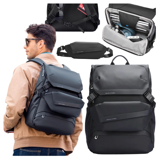Mark Ryden Rucksack mit abnehmbarer Hüfttasche (2-in-1), Handgepäck, kostenlos, wasserdicht, 18 l, mit Laptopfach (bis 15,6 Zoll), Hüfttasche, City- und Reiserucksack, 40 x 30 x 14 cm – Schwarz