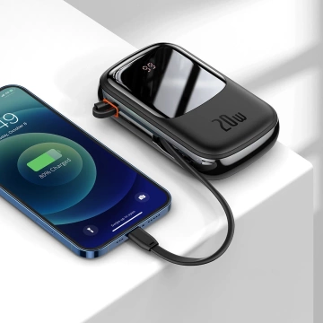 Powerbanka s rychlým nabíjením Baseus Qpow Digital Display 20000mAh 20W QC/PD/SCP/FCP s vestavěným Lightning kabelem černá