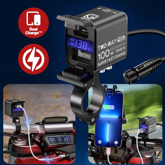 Kewig Motorcycle Charger, Universal Aluminum 100W, Bi-directional with Voltmeter, Fast Charging USB-A and USB-C, Smart and Waterproof - Black