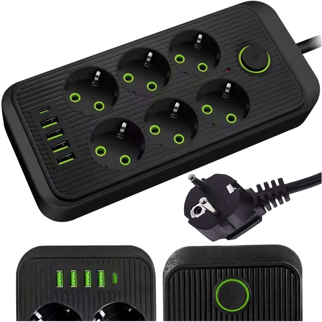 Verlängerungskabel Steckdosenleiste 6 Steckdosen AC EU-Steckdosen 4x USB USB-C Typ C-Steckdosen 2500 W Schwarz