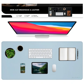 Desk pad 90×45 cm – anti-slip protective mat made of elegant PU eco-leather, for mouse and keyboard, stylish and durable – Alogy WorkMat™ Blue
