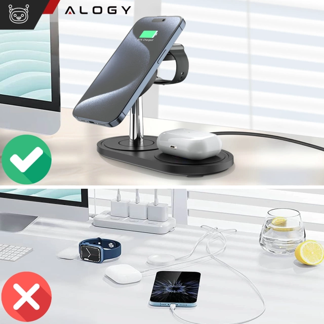 3v1 indukční nabíječka pro telefon hodinky sluchátka Alogy Qi nabíječka pro Apple iPhone Watch AirPods černá