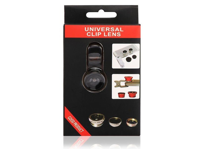 Set mit 3 Objektiven für Telefon Makro Fischauge breit schwarz