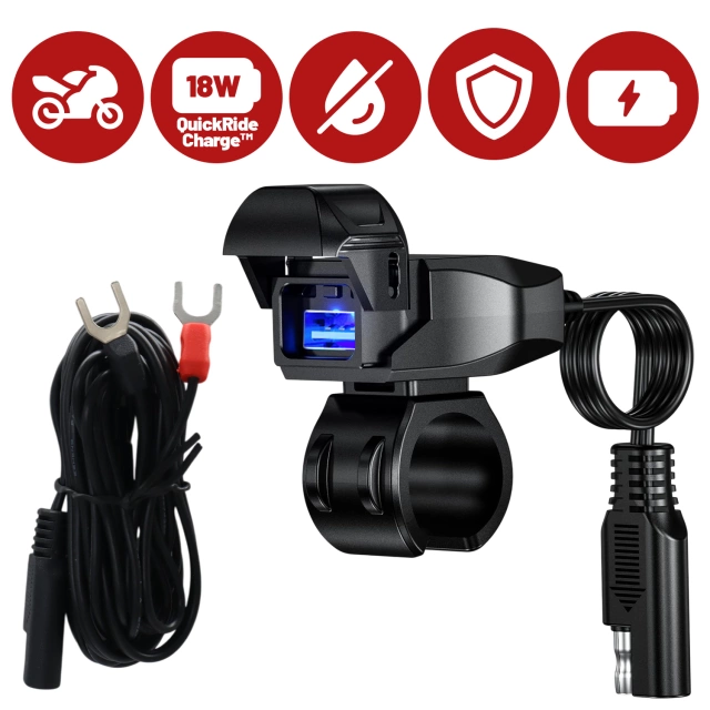 Motocyklová nabíječka Kewig USB-A 18W, rychlé nabíjení QC, vodotěsná IP65 s vypínačem a LED podsvícením, upevnění na řídítka, pro telefon, kameru, interkom – černá