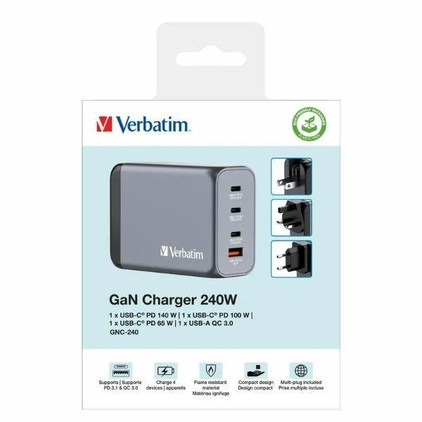 Verbatim GaN 240W nástenná nabíjačka 3xUSB-C/USB-A šedý adaptér