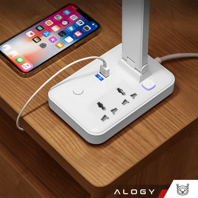 Alogy Desk Lamp 2 Power Sockets 2x USB White LED Charging Lamp with Phone Stand
