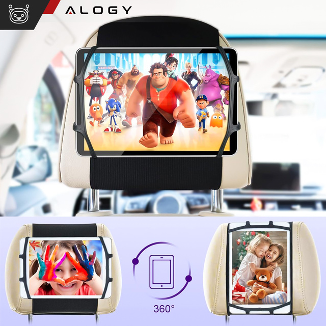 Автомобільний тримач на підголівник на міцній липучці для планшетного телефону-рідера Alogy Car гнучкий чорний