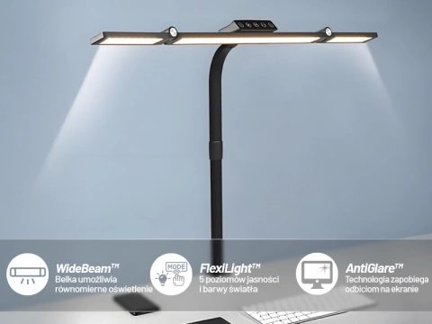 Stolová lampa Alogy DeskPro™ LED so skladacím dizajnom, nastaviteľným jasom a plne spektrálnym svetlom, s držiakom na stôl a ochranou očí.