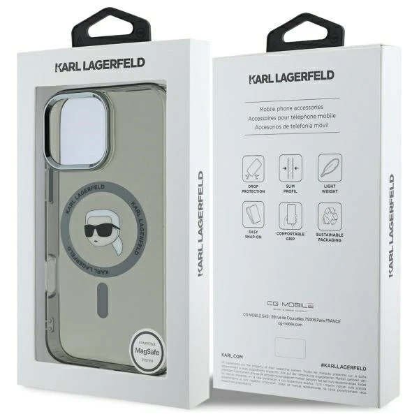 Karl Lagerfeld Hülle für iPhone 16 Pro Max 6,9" MagSafe Schwarzes Hardcase IML Metall Karl Head