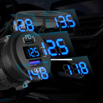 Ładowarka samochodowa USB QC 3.0 + USB-C type-C PD adapter gniazdo zapalniczki samochodu Woltomierz LED 48W szybka do telefonu czarna