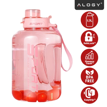 Duża Butelka Motywacyjna na Wodę 1.7L Bidon Sportowy z Miarką, Uchwytem i Pokrywką 2w1 (Dzióbek + Słomka), Wygodna i Szczelna, Alogy Sport 1700ml – Różowa