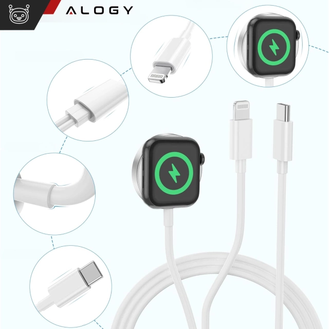 2in1 magnetisches Induktionsladekabel für Apple Watch, iPhone 1M Lightning USB-C-Kabel Alogy White
