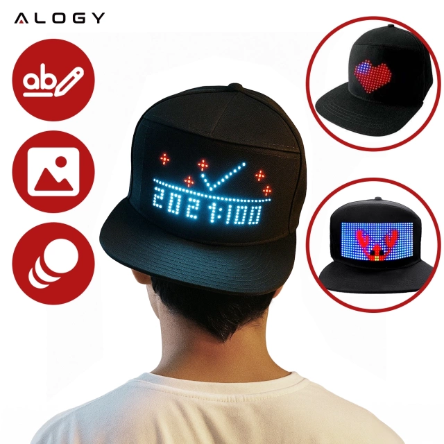 Alogy PixelCap™ LED-Baseballkappe mit RGB-LED-Beleuchtung, Bluetooth-Pixeln, Steuerung per Smartphone-App, Schwarz