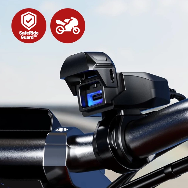 Motocyklová nabíječka Kewig USB-C 36W, rychlé nabíjení QC, vodotěsná IP65 s vypínačem a LED podsvícením, upevnění na řídítka, pro telefon, kameru, interkom – černá