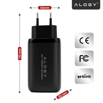 Компактний настінний зарядний пристрій Alogy GaNCharge 3 в 1 швидка зарядка GaN3 65W USB-A 30W 2x USB-C 65W Black